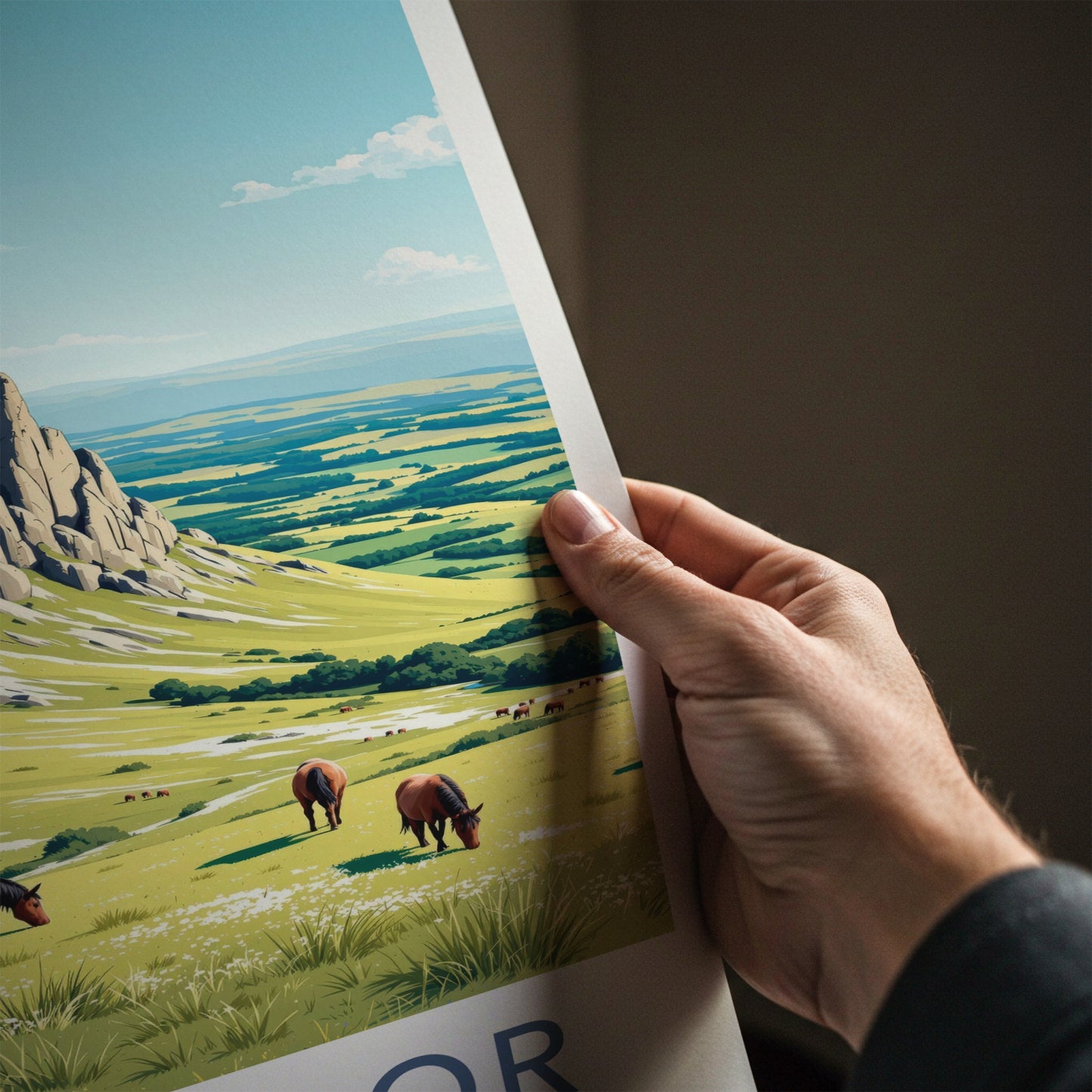 Dartmoor Poster - United Kingdom Travel Art - Towering Tor Horses Home Decor