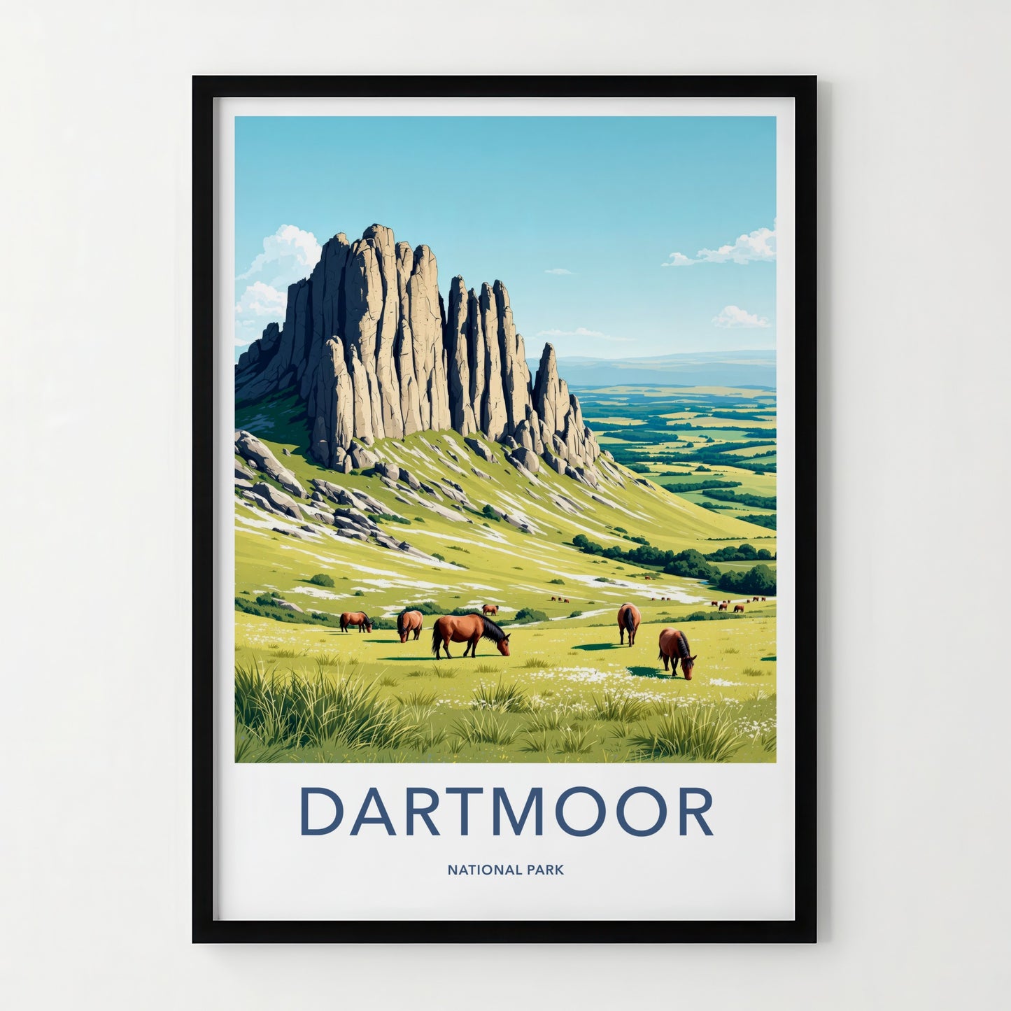 Dartmoor Poster - United Kingdom Travel Art - Towering Tor Horses Home Decor