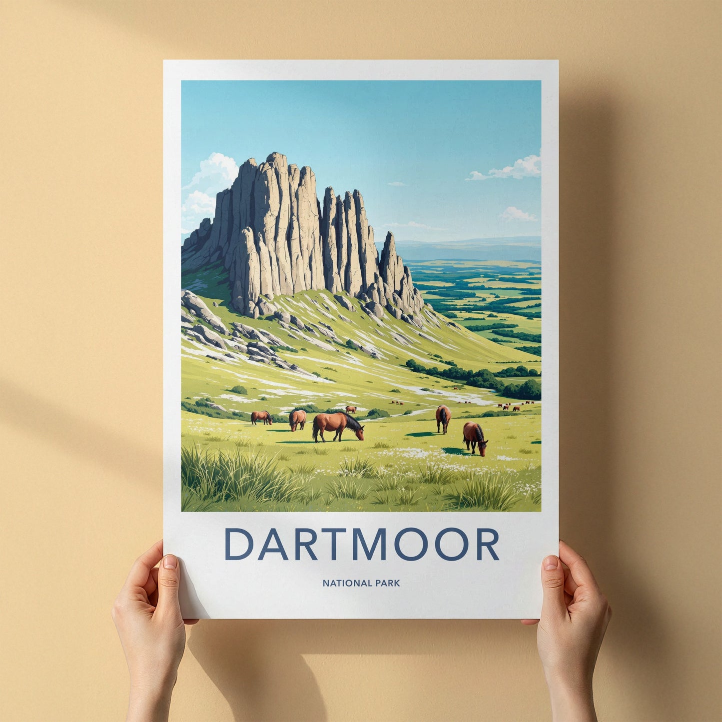 Dartmoor Poster - United Kingdom Travel Art - Towering Tor Horses Home Decor