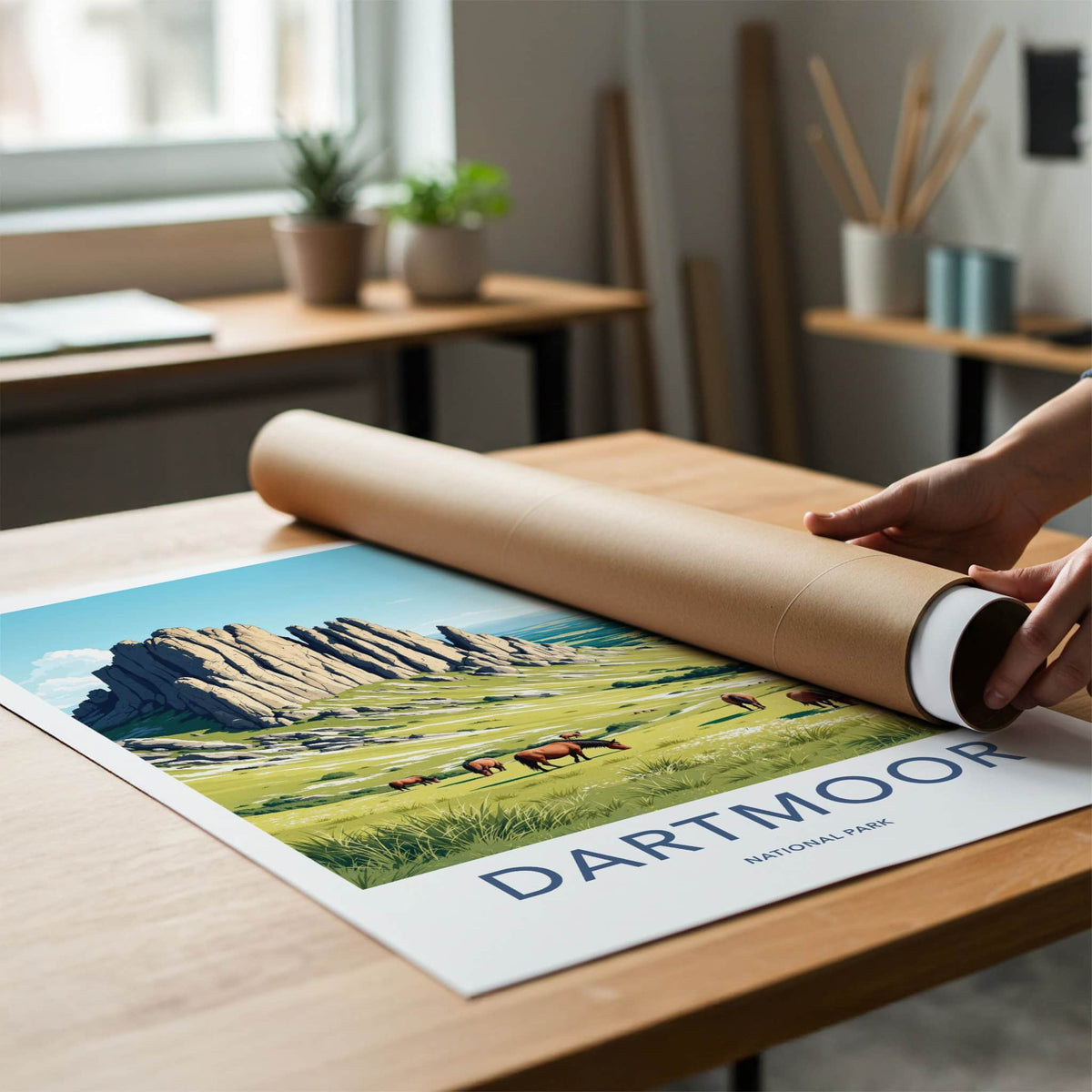 Dartmoor Poster - United Kingdom Travel Art - Towering Tor Horses Home Decor