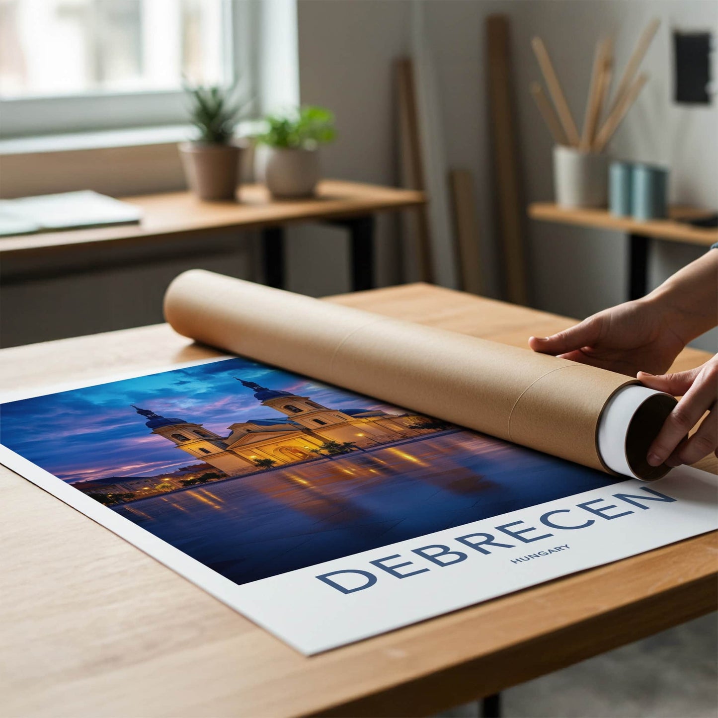 Debrecen Poster - Hungary Wall Art - Illuminated Church Reflection Home Decor