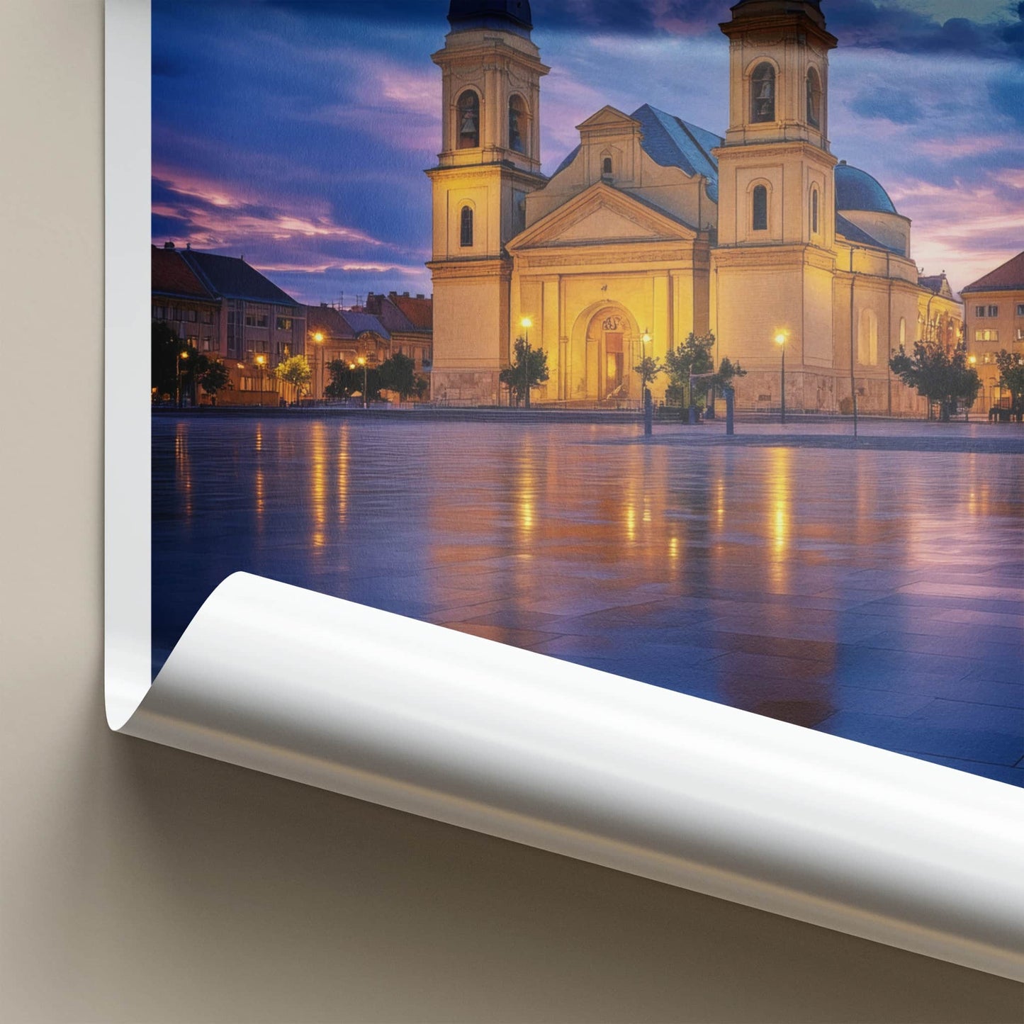 Debrecen Poster - Hungary Wall Art - Illuminated Church Reflection Home Decor
