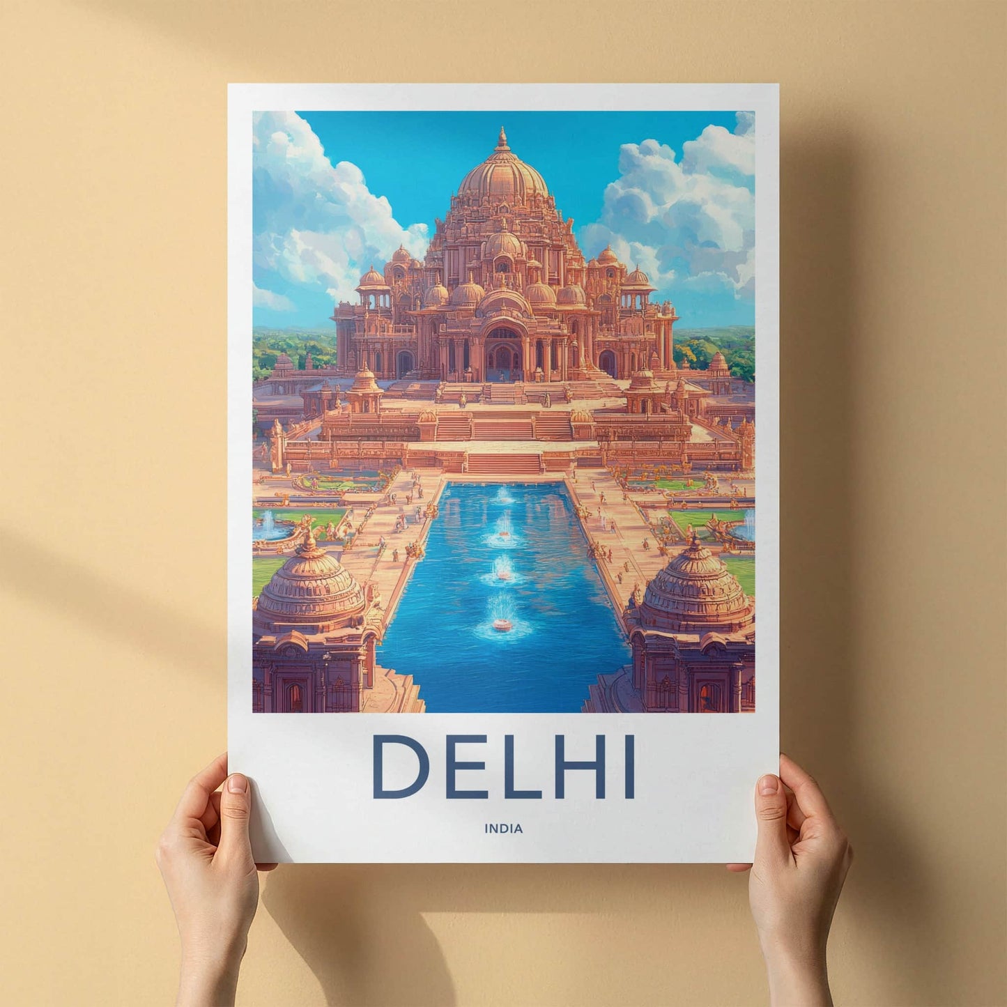 Delhi Poster - India Travel Art - Delhi Ornate Temple Waterway Wall Decor