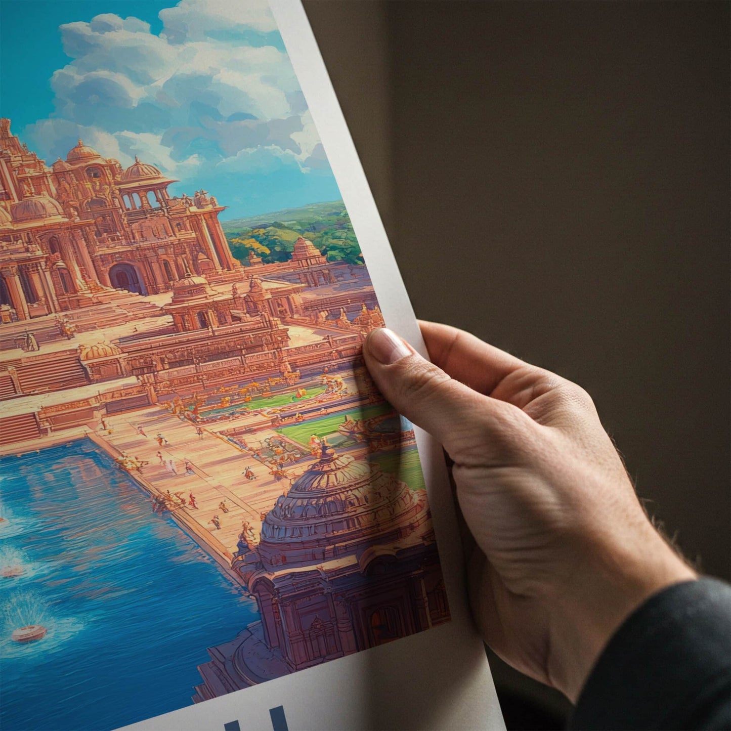 Delhi Poster - India Travel Art - Delhi Ornate Temple Waterway Wall Decor