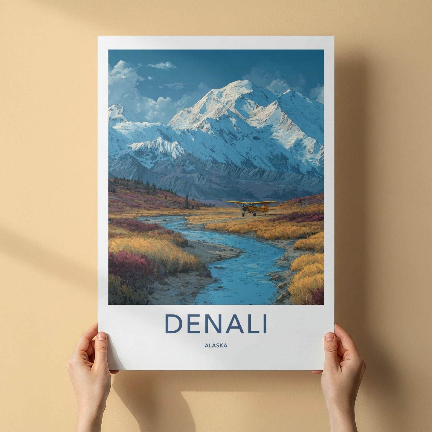 Denali Poster - Alaska Travel Art - Plane River Mountains Home Decor