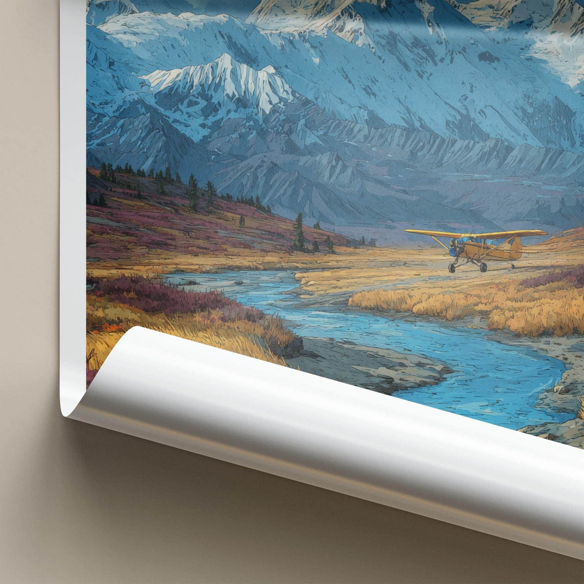 Denali Poster - Alaska Travel Art - Plane River Mountains Home Decor