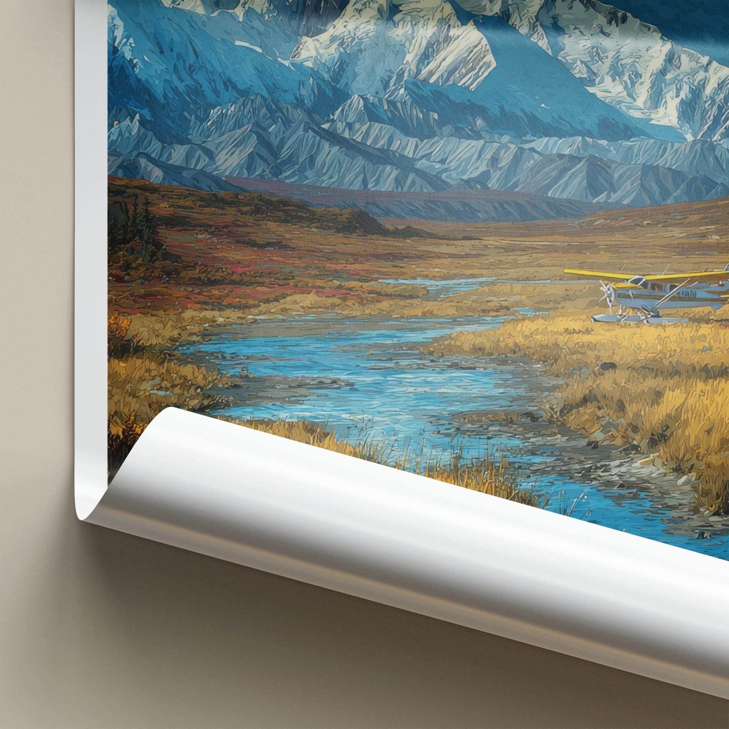 Denali Poster - Alaska Travel Art - Snowy Peak Floatplane Home Decor