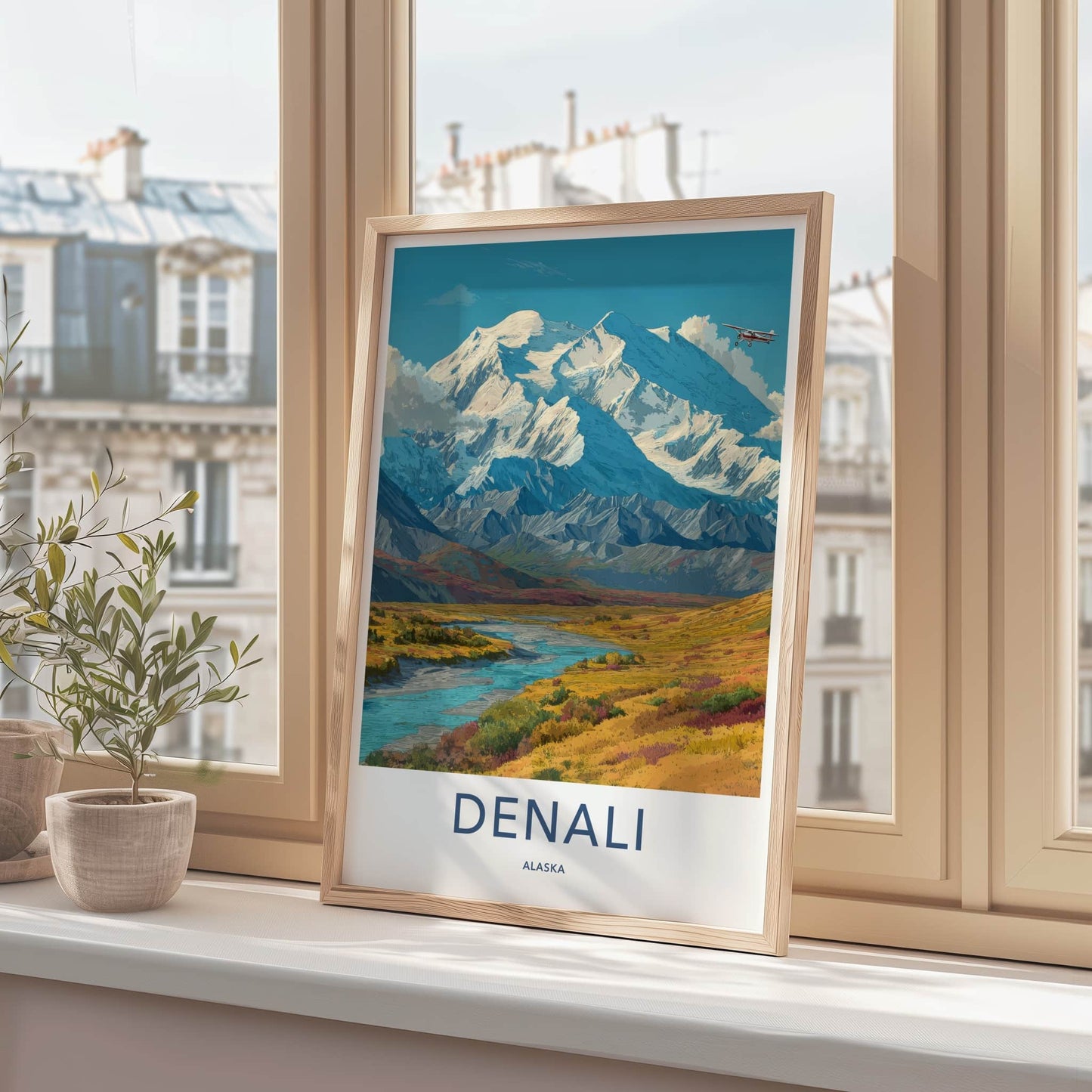 Denali Poster - Alaska Travel Print - Snow Capped Plane Home Decor