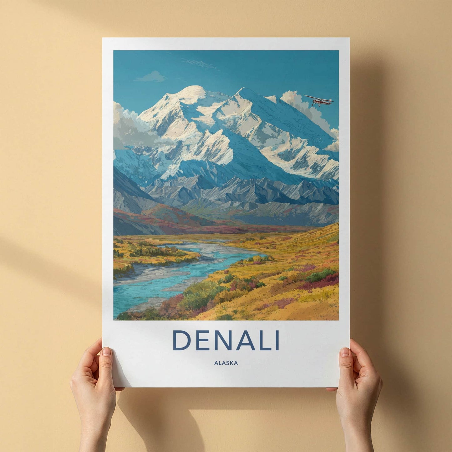 Denali Poster - Alaska Travel Print - Snow Capped Plane Home Decor