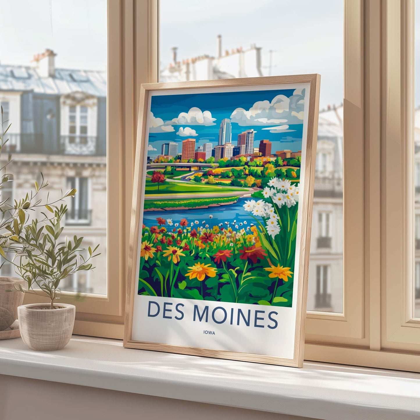 Des Moines Poster - Iowa Travel Art - Vibrant City River Home Decor
