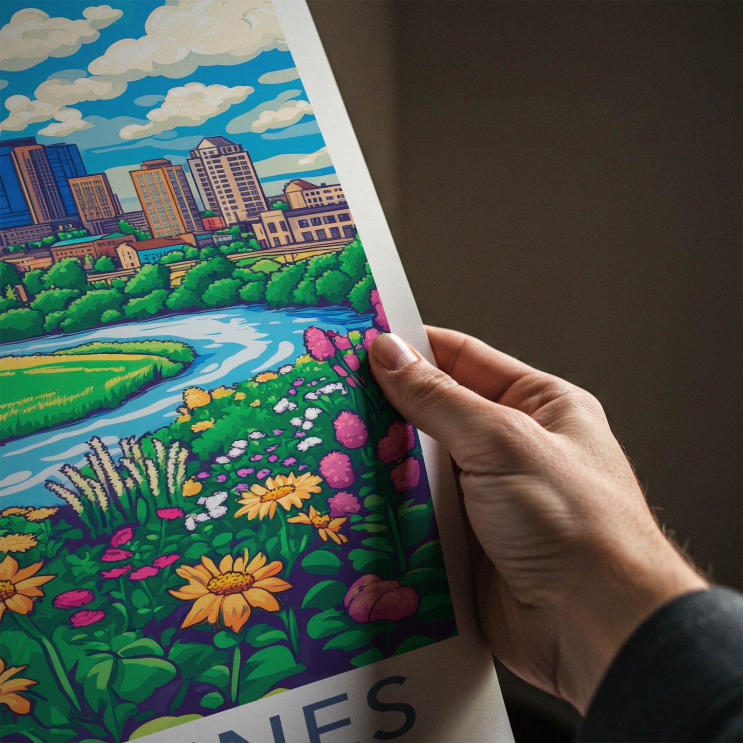Des Moines Poster - Iowa Travel Print - River City Flowers Framed Decor