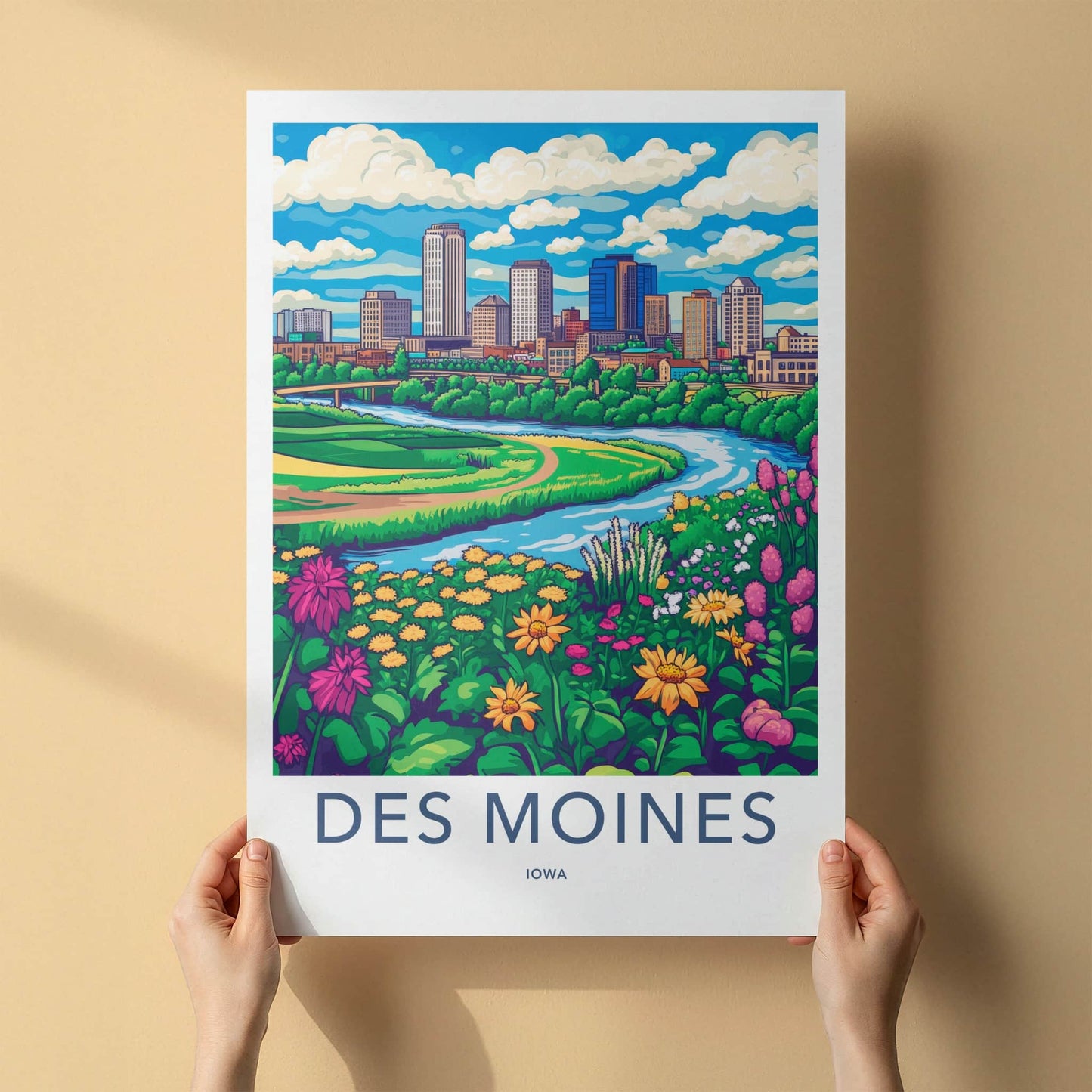 Des Moines Poster - Iowa Travel Print - River City Flowers Framed Decor