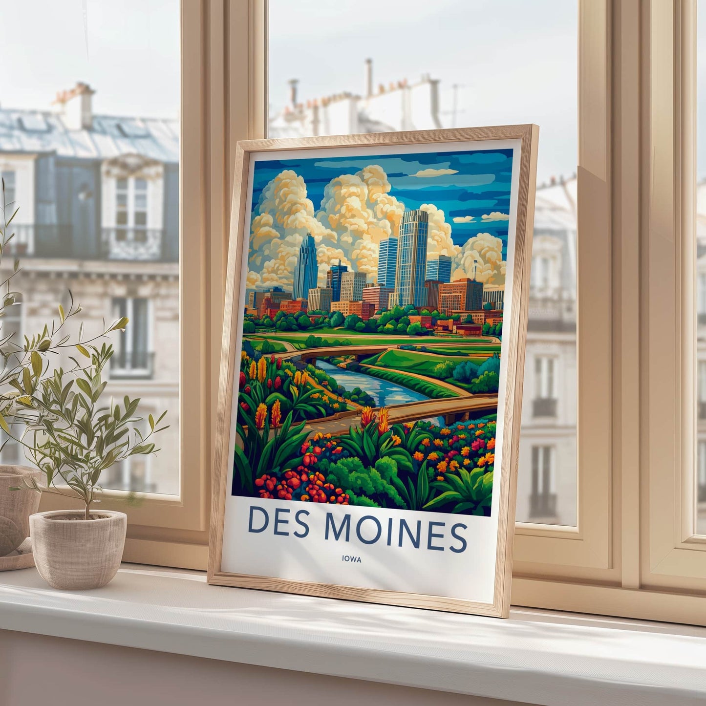Des Moines Poster - Iowa Wall Art - Vibrant Cityscape River Home Decor