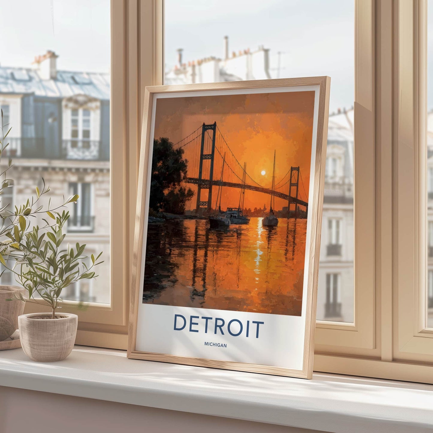 Detroit Poster - Michigan Travel Art - Bridge River Sunset Home Decor