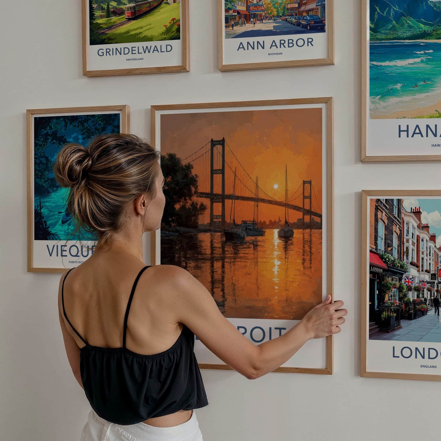 Detroit Poster - Michigan Travel Art - Bridge River Sunset Home Decor