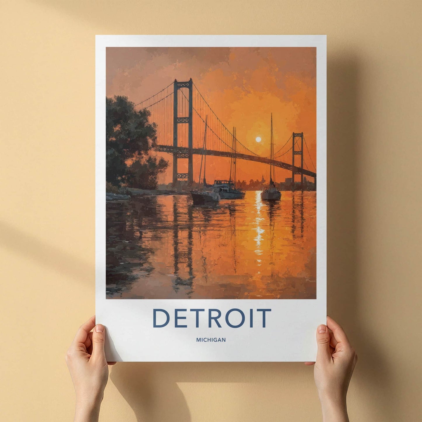 Detroit Poster - Michigan Travel Art - Bridge River Sunset Home Decor