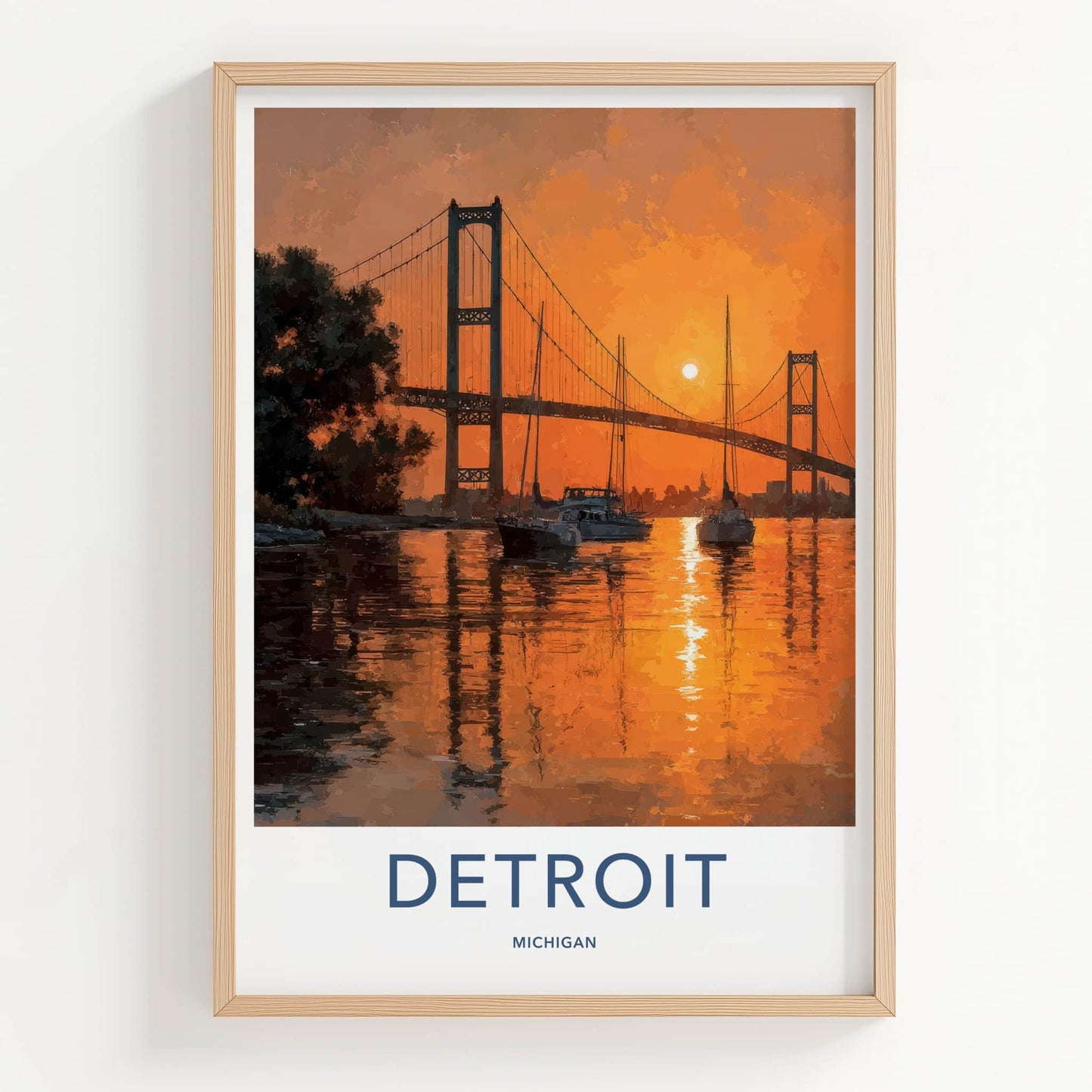 Detroit Poster - Michigan Travel Art - Bridge River Sunset Home Decor