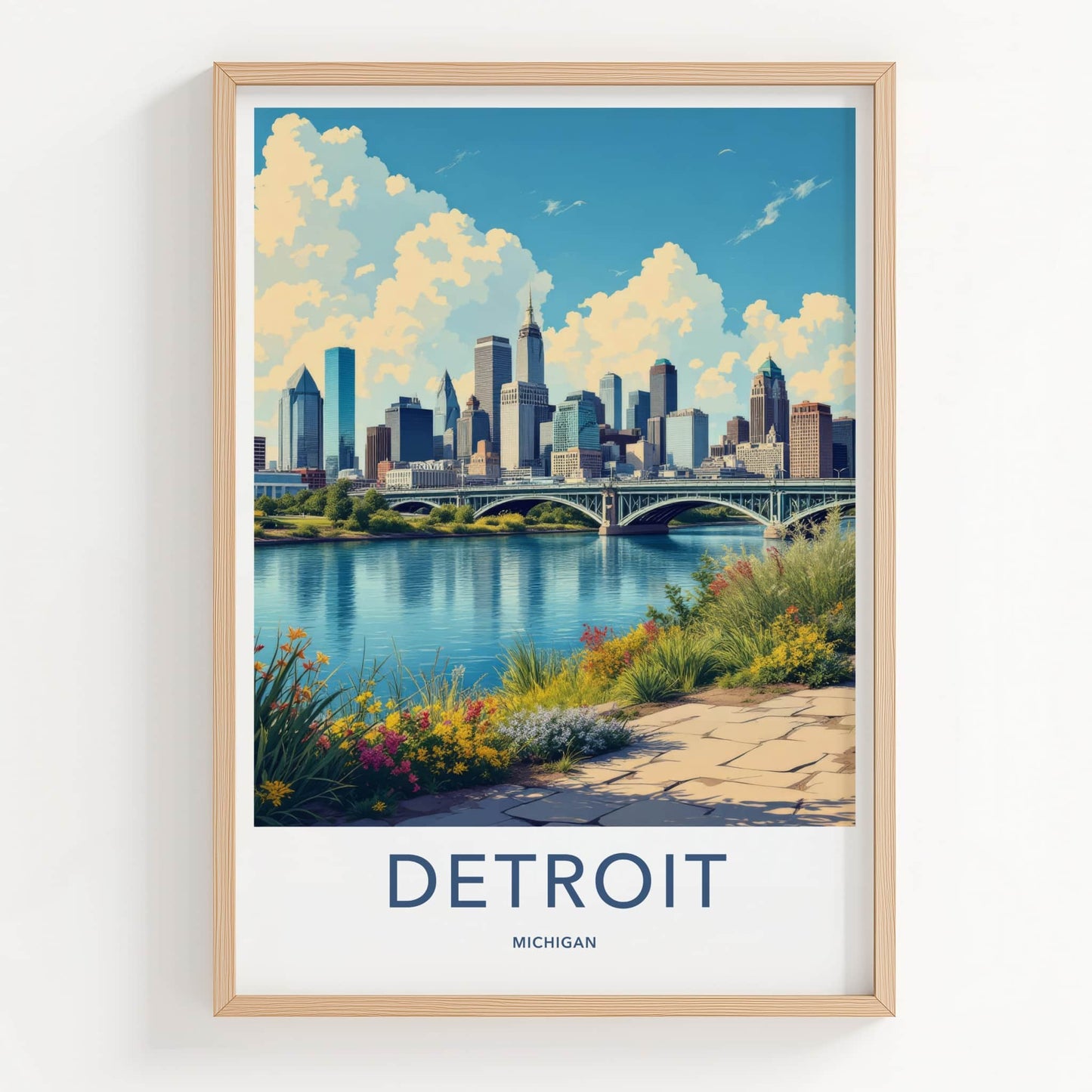 Detroit Poster - Michigan Travel Art - Cityscape River Bridge Home Decor