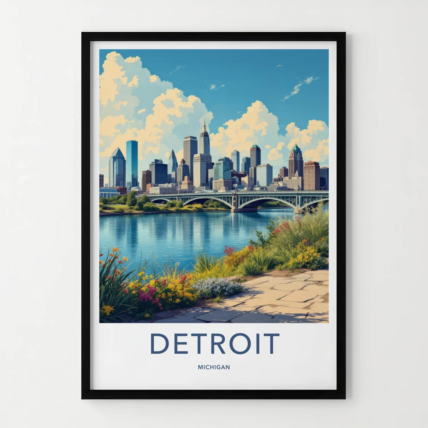 Detroit Poster - Michigan Travel Art - Cityscape River Bridge Home Decor