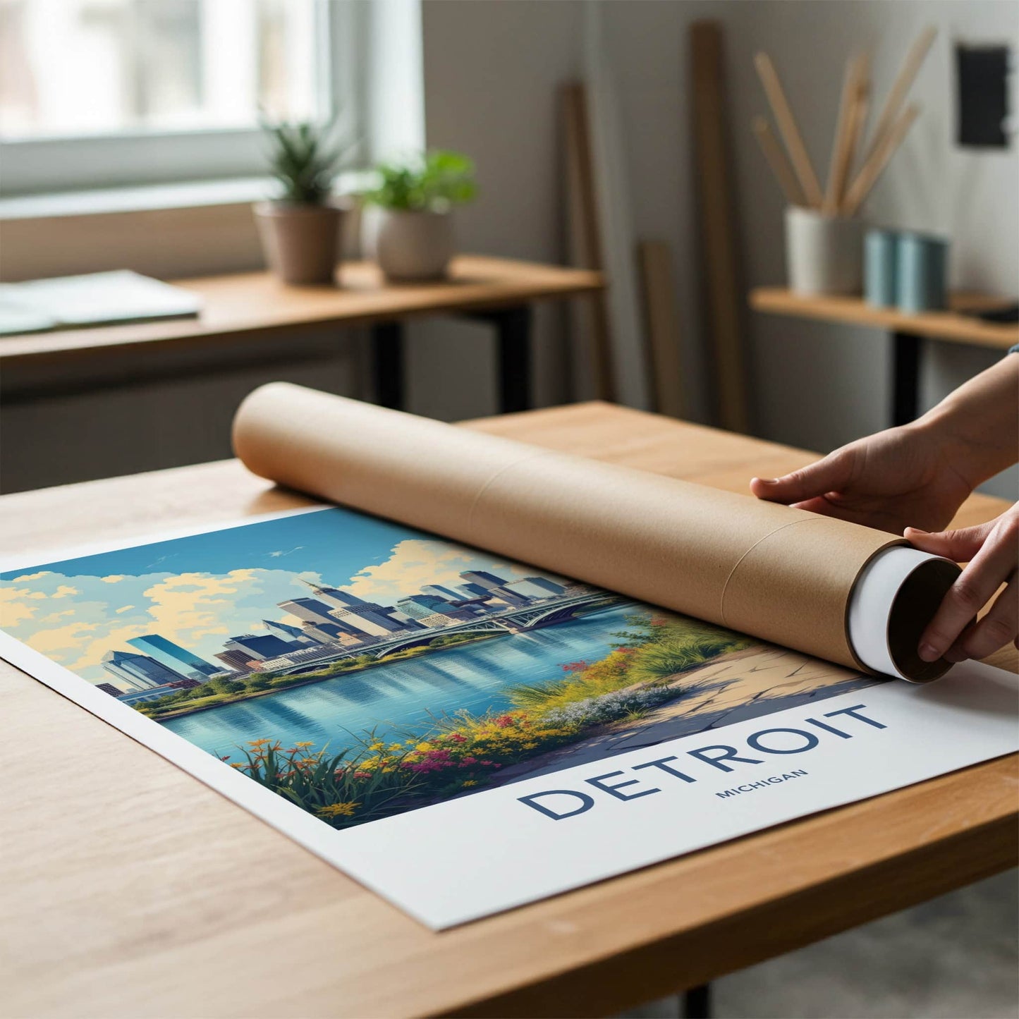 Detroit Poster - Michigan Travel Art - Cityscape River Bridge Home Decor
