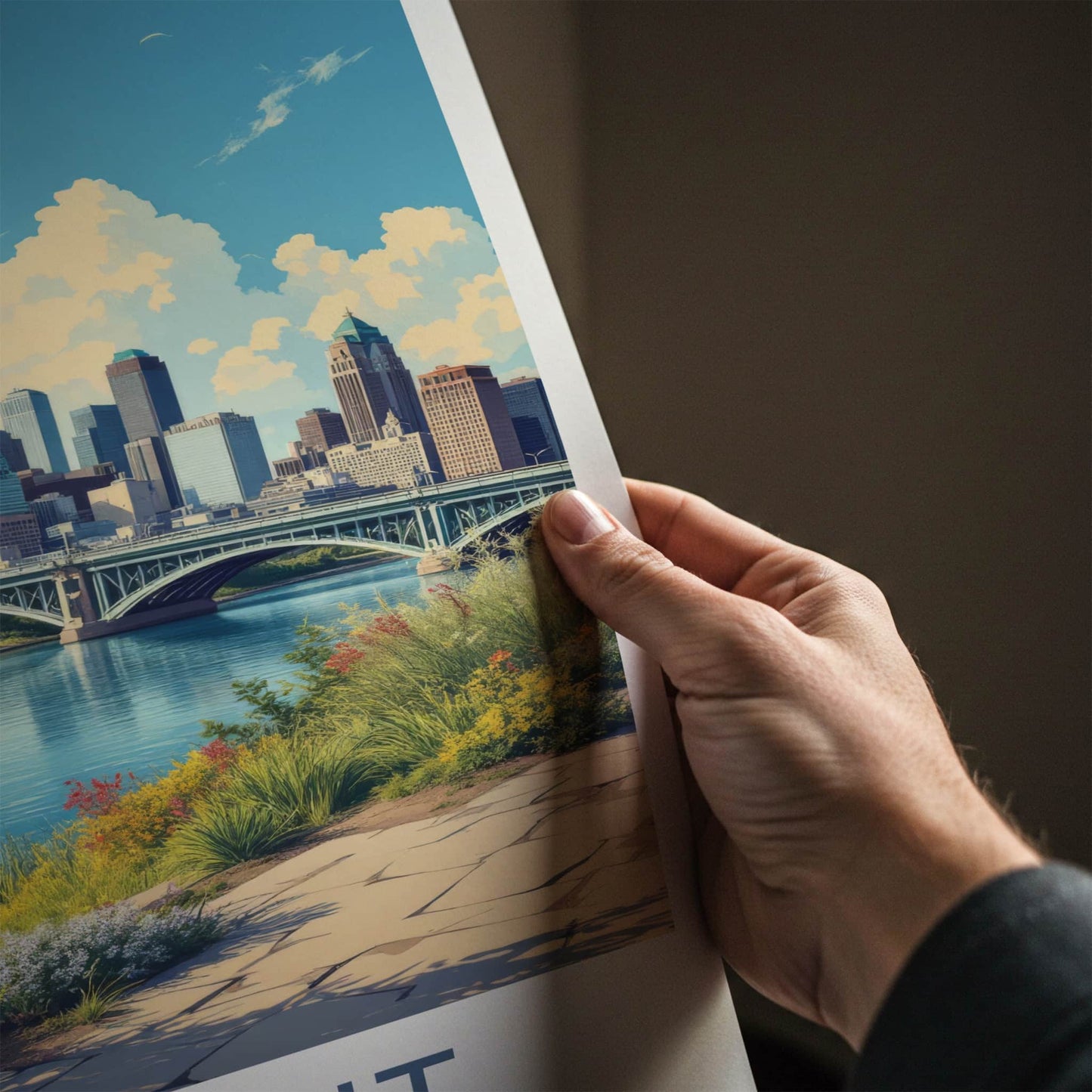 Detroit Poster - Michigan Travel Art - Cityscape River Bridge Home Decor