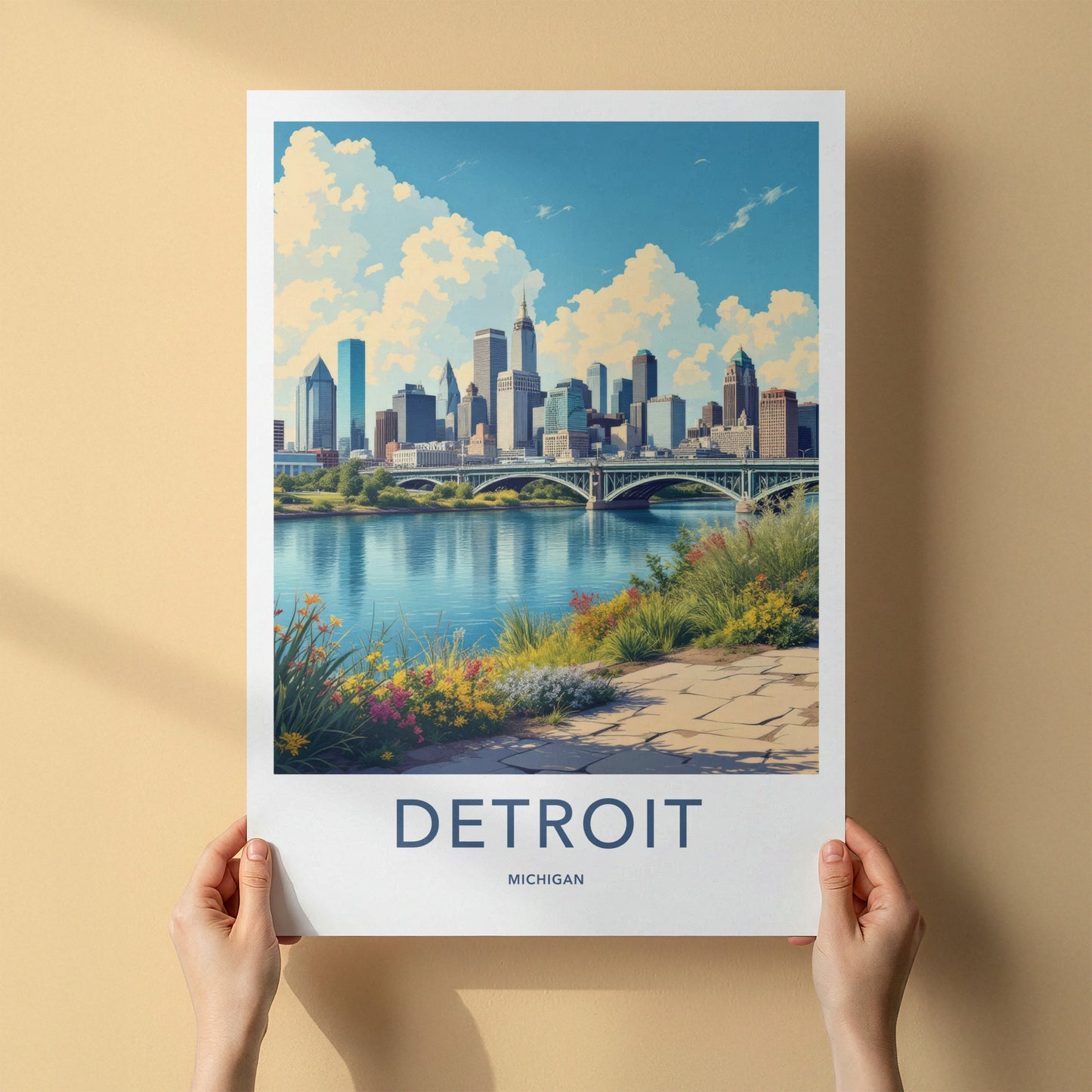 Detroit Poster - Michigan Travel Art - Cityscape River Bridge Home Decor