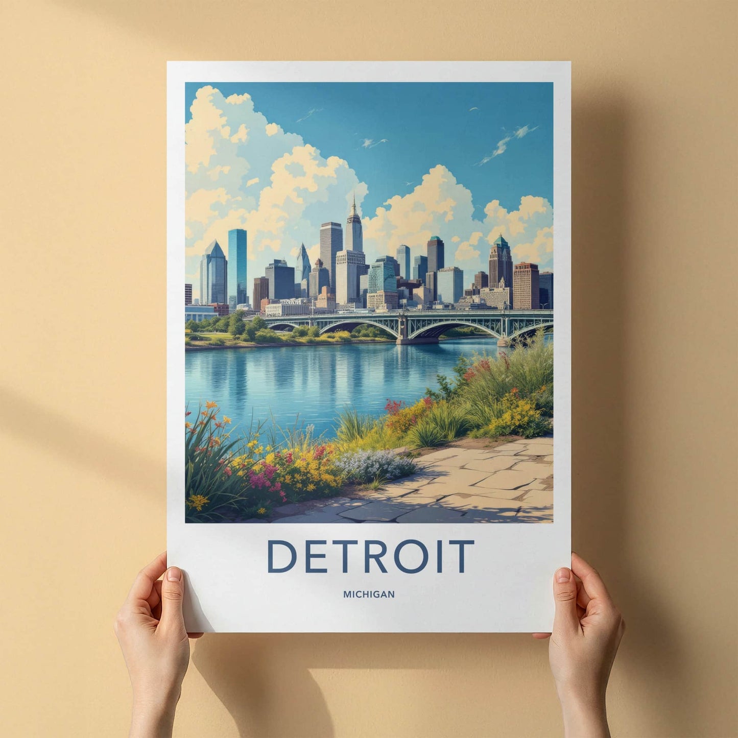 Detroit Poster - Michigan Travel Art - Cityscape River Bridge Home Decor