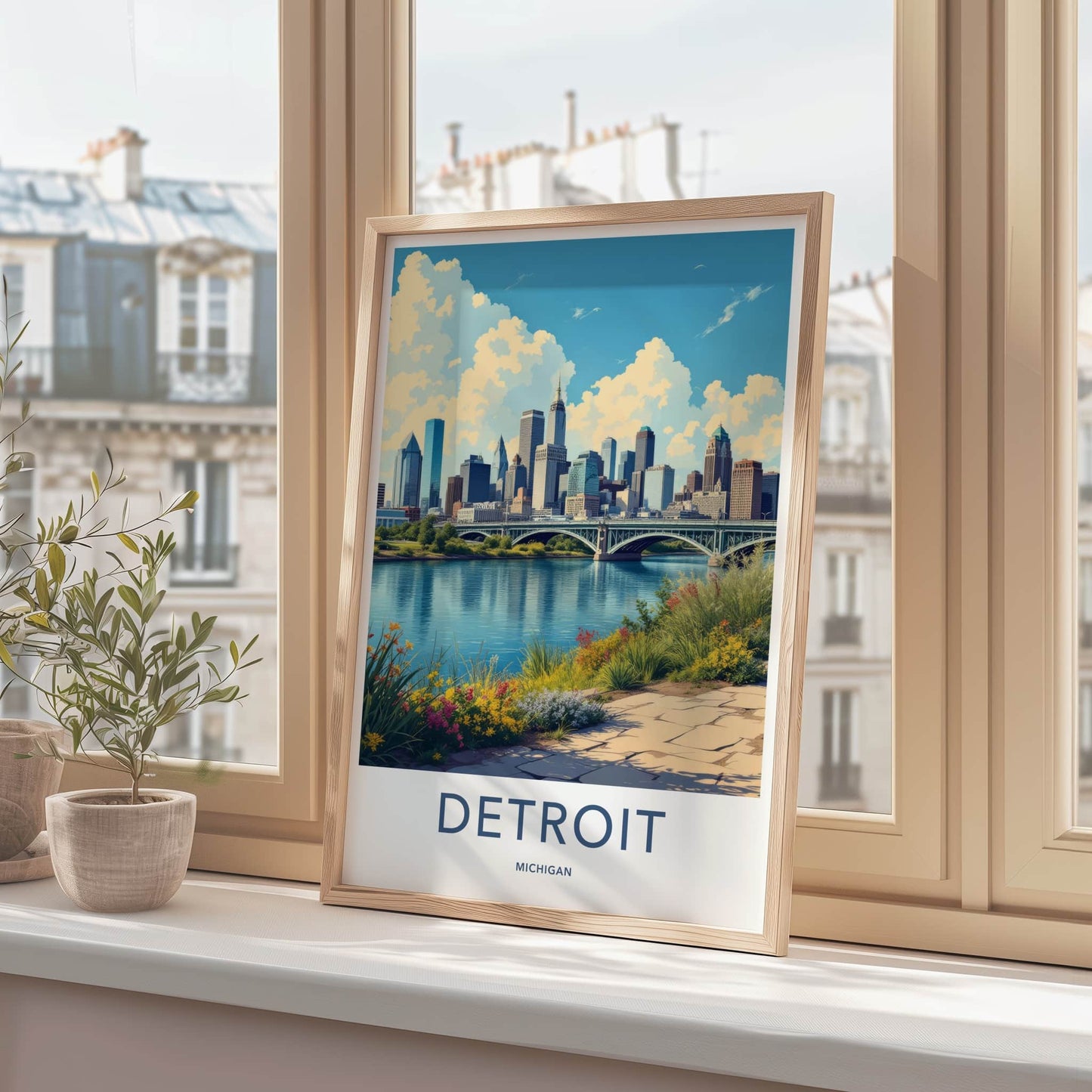 Detroit Poster - Michigan Travel Art - Cityscape River Bridge Home Decor