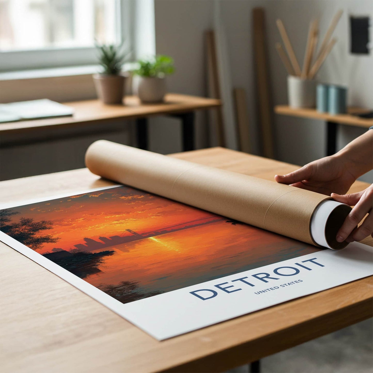 Detroit Poster - Michigan Travel Art - Fiery Sunset Sailboat Home Decor