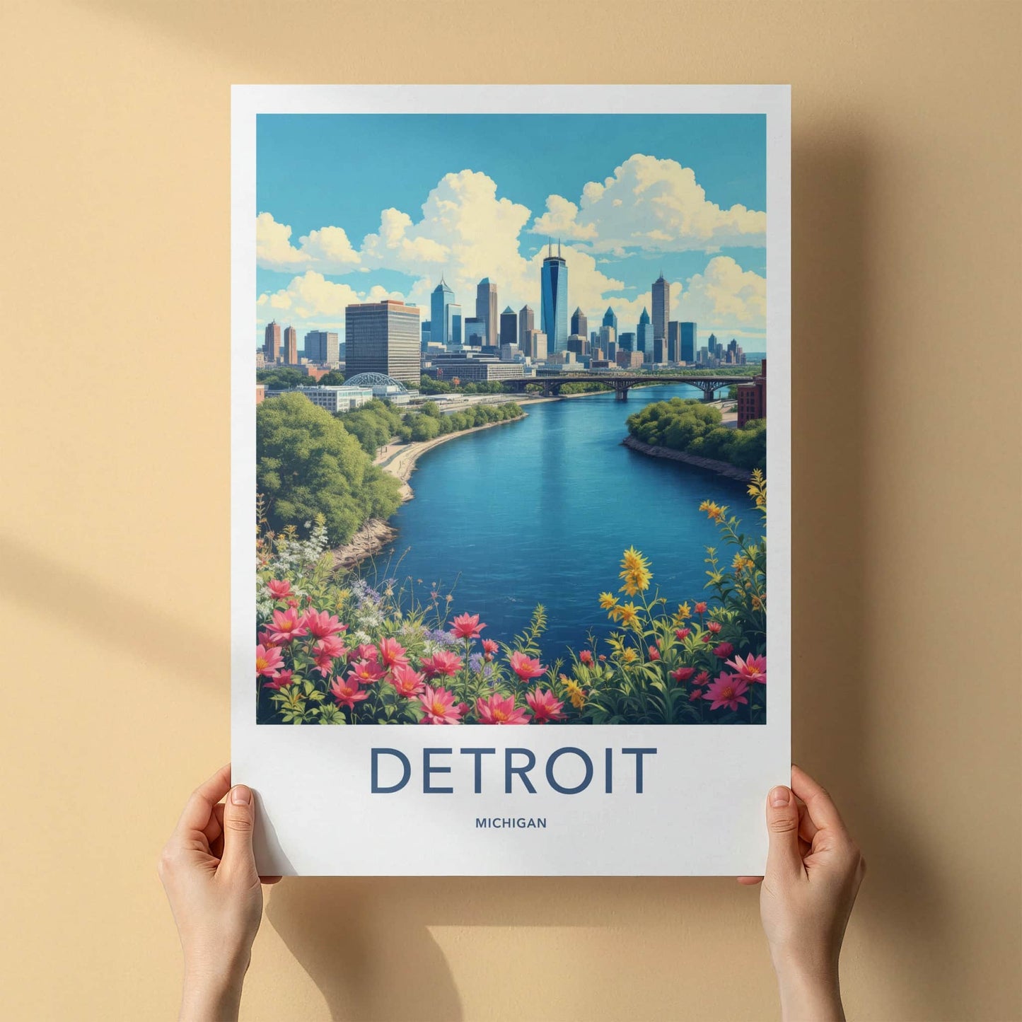 Detroit Poster - Michigan Travel Art - River City Skyline Home Decor