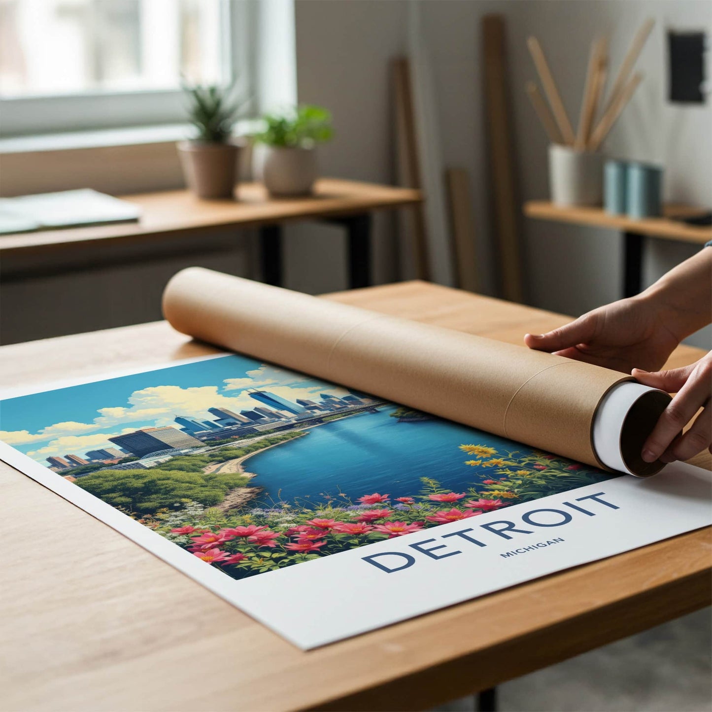 Detroit Poster - Michigan Travel Art - River City Skyline Home Decor