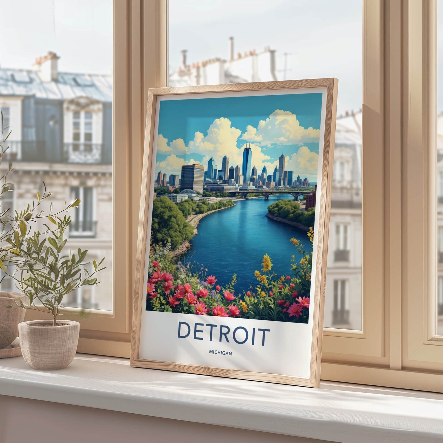 Detroit Poster - Michigan Travel Art - River City Skyline Home Decor