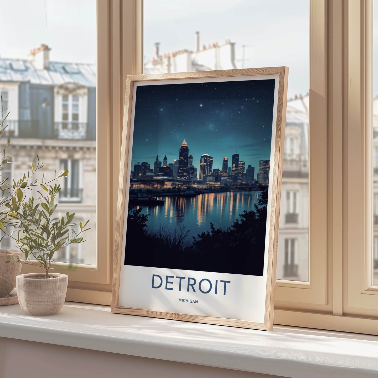 Detroit Poster - Michigan Travel Art - Starry Night Reflections Home Decor