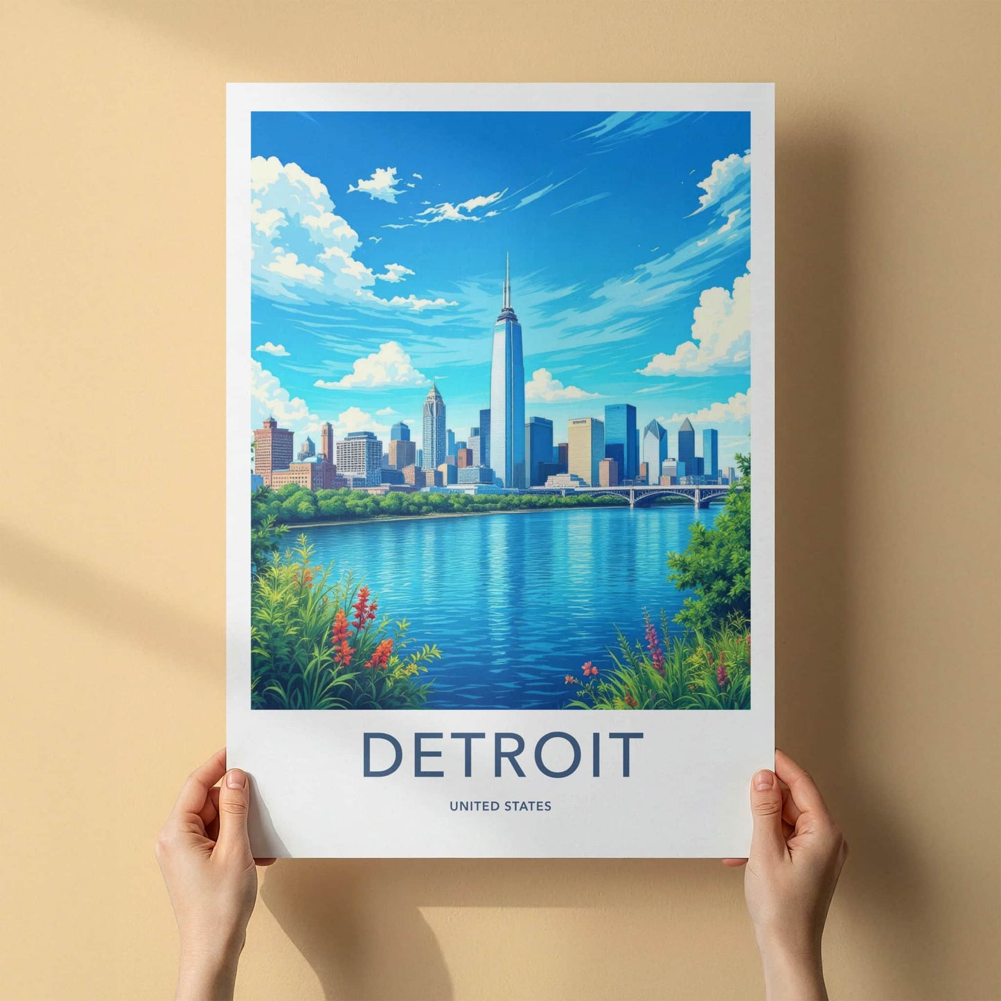 Detroit Poster - Michigan Travel Art - Vibrant City River Home Decor