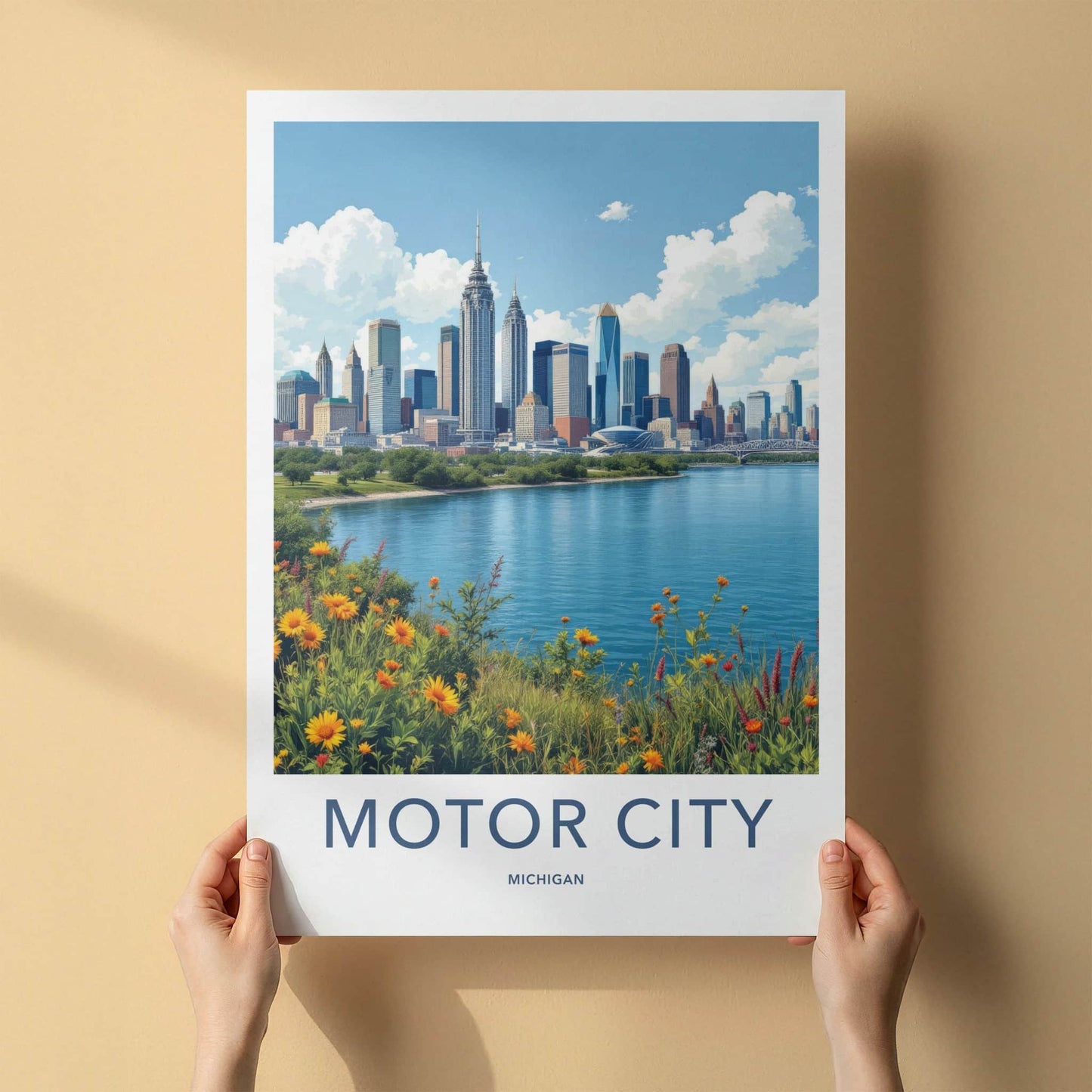 Detroit Poster - Michigan Travel Art - Vibrant Riverside Skyline Home Decor