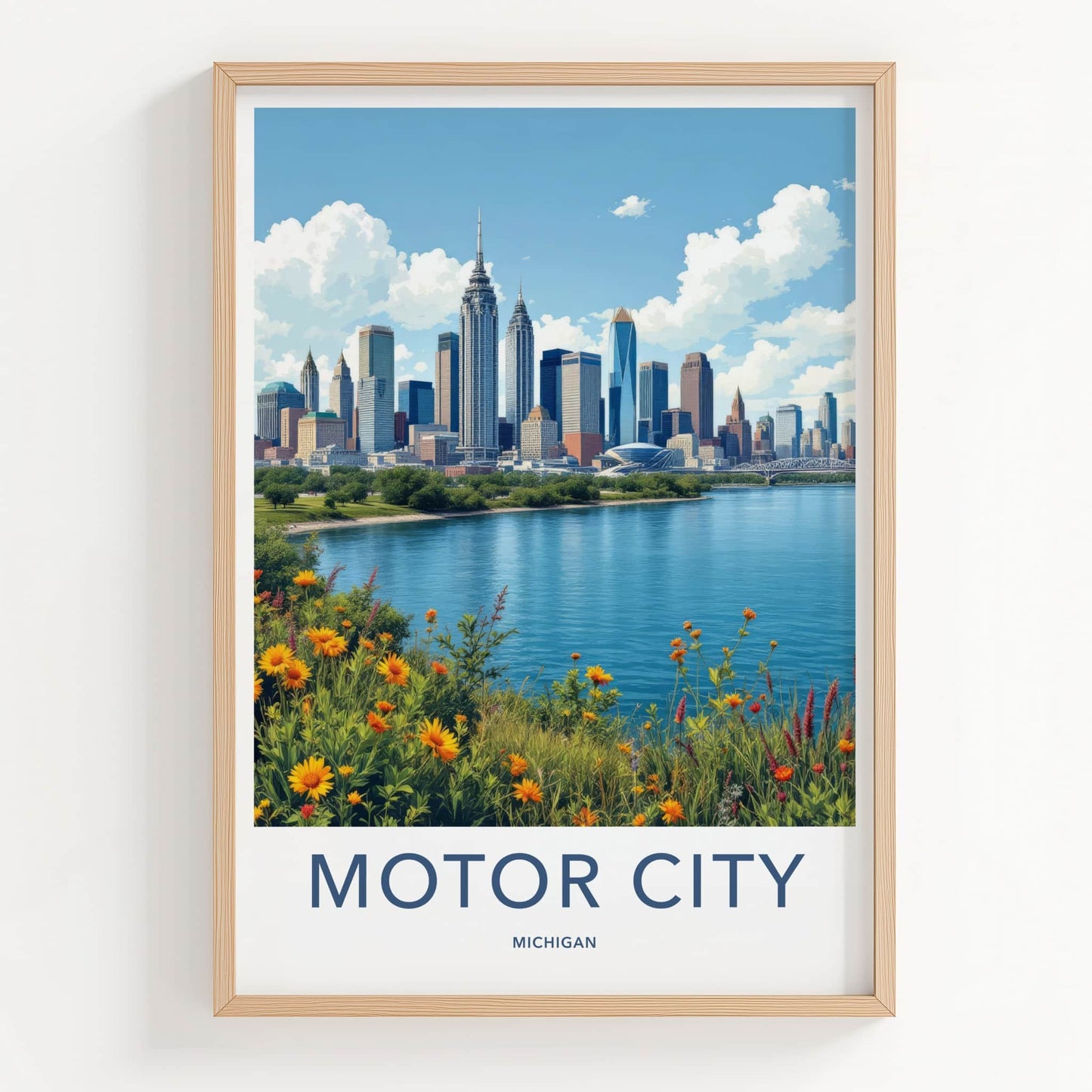Detroit Poster - Michigan Travel Art - Vibrant Riverside Skyline Home Decor