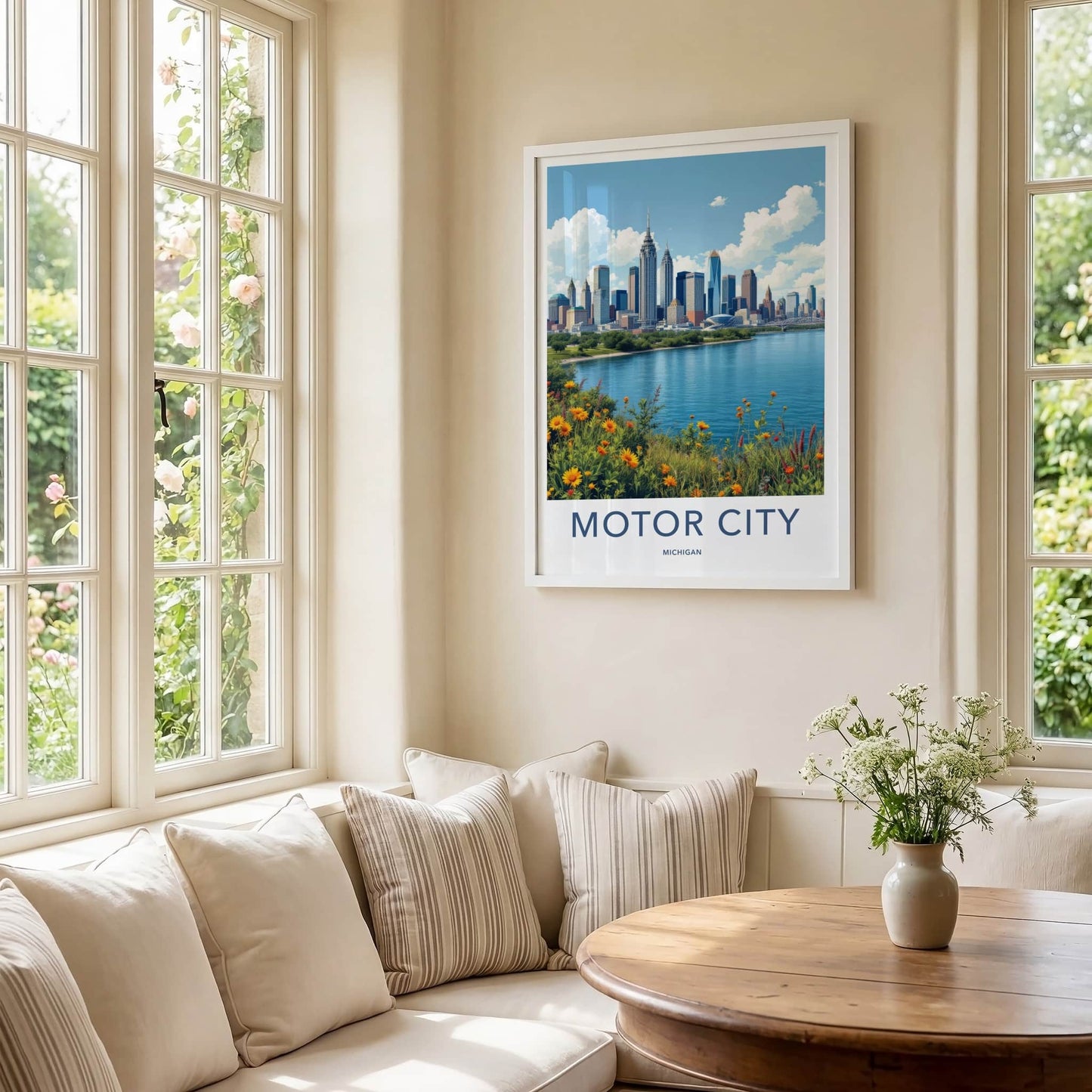 Detroit Poster - Michigan Travel Art - Vibrant Riverside Skyline Home Decor