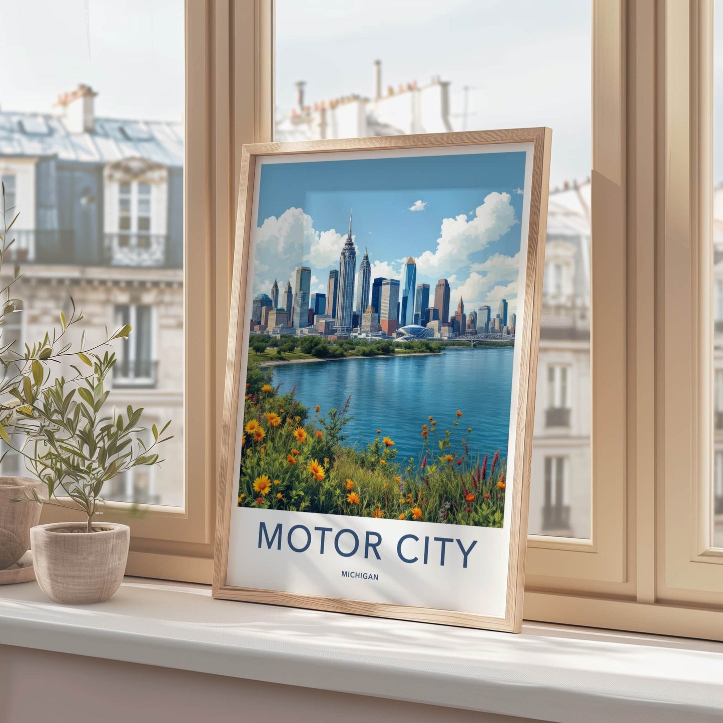 Detroit Poster - Michigan Travel Art - Vibrant Riverside Skyline Home Decor
