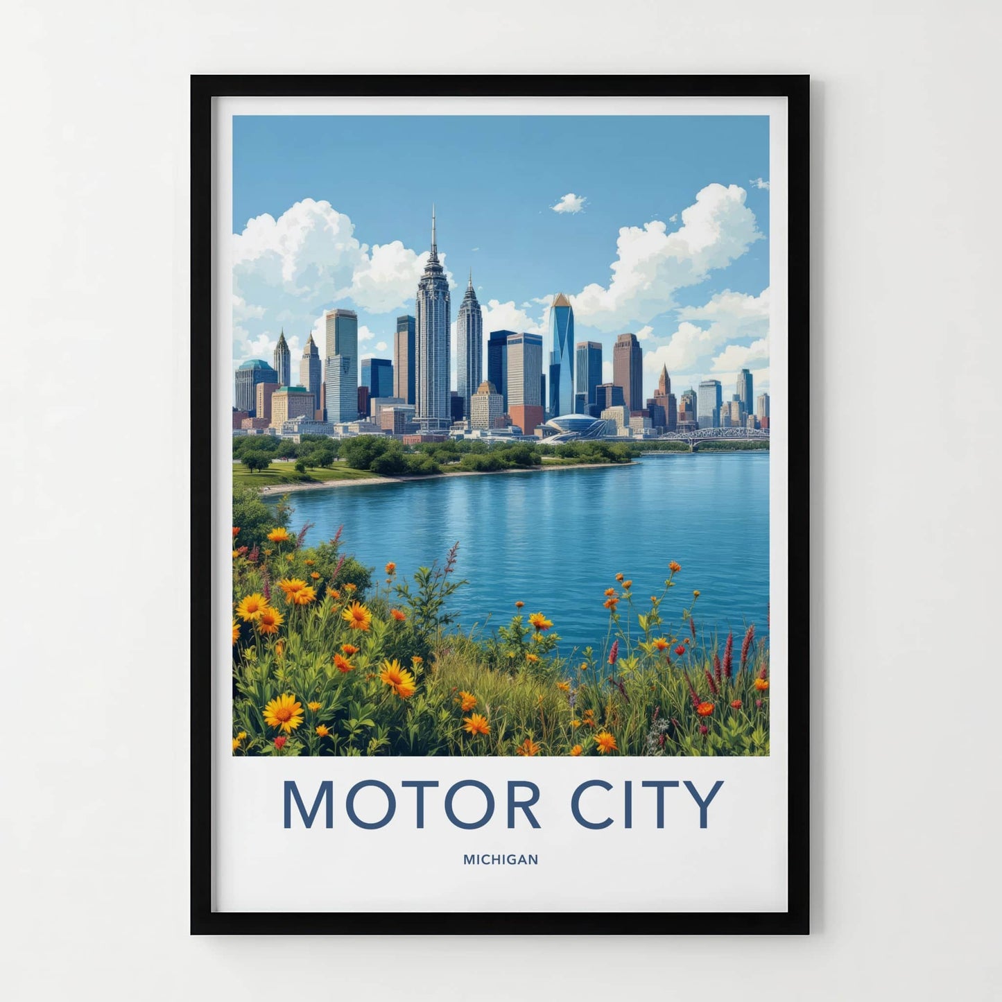 Detroit Poster - Michigan Travel Art - Vibrant Riverside Skyline Home Decor