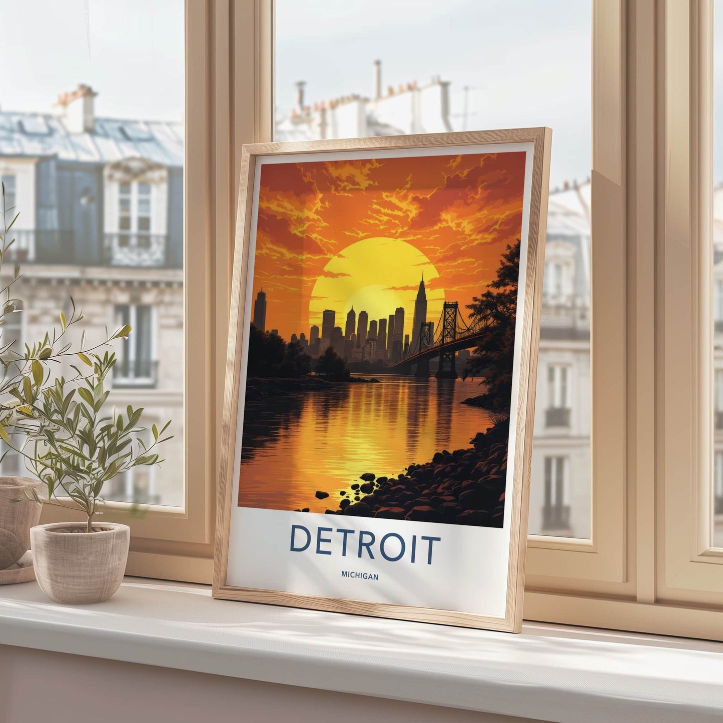 Detroit Poster - Michigan Travel Art - Vibrant Sunset Skyline Home Decor