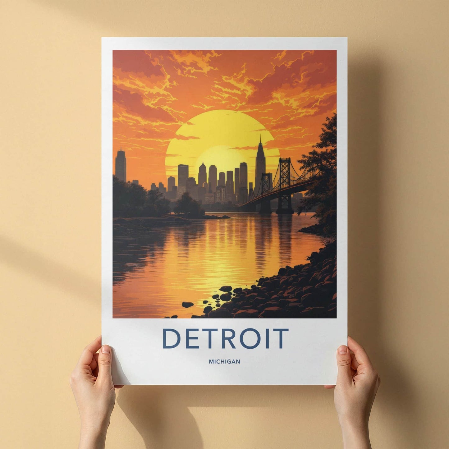 Detroit Poster - Michigan Travel Art - Vibrant Sunset Skyline Home Decor