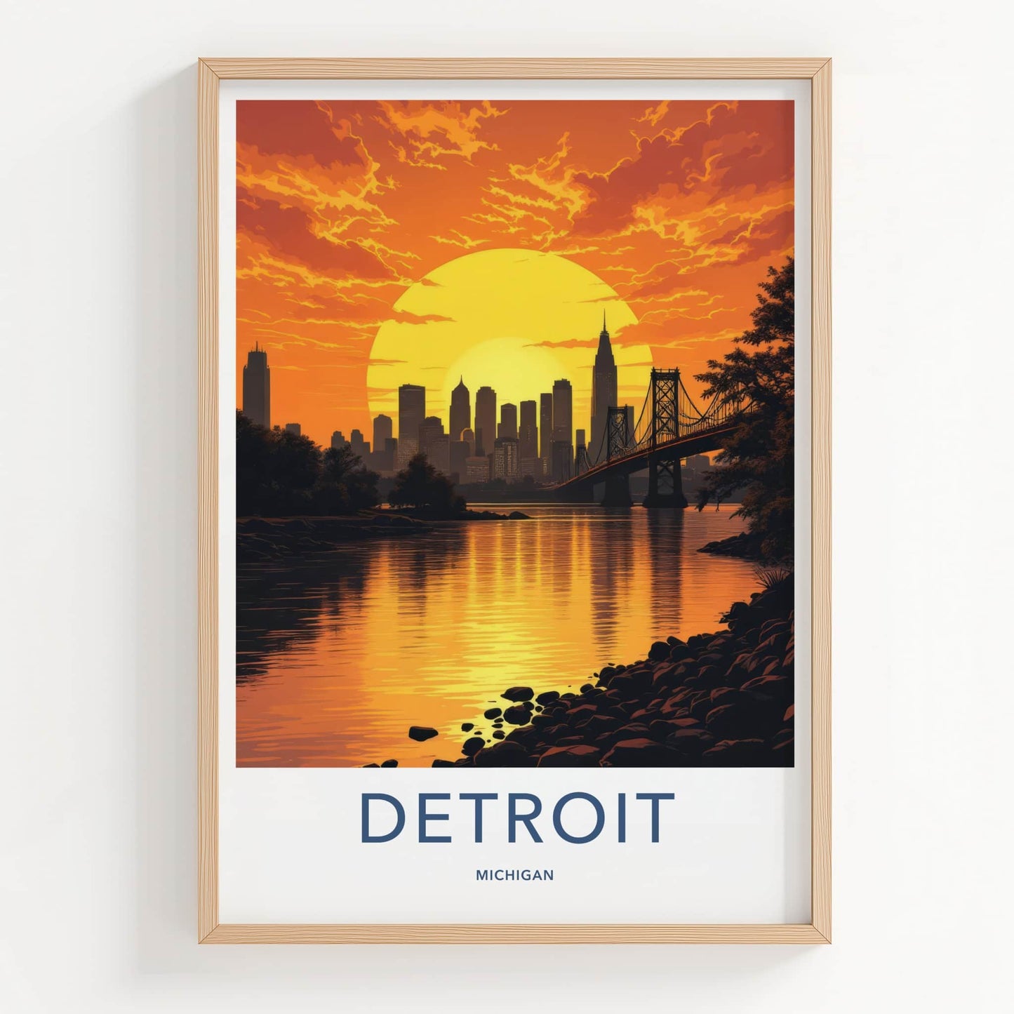 Detroit Poster - Michigan Travel Art - Vibrant Sunset Skyline Home Decor