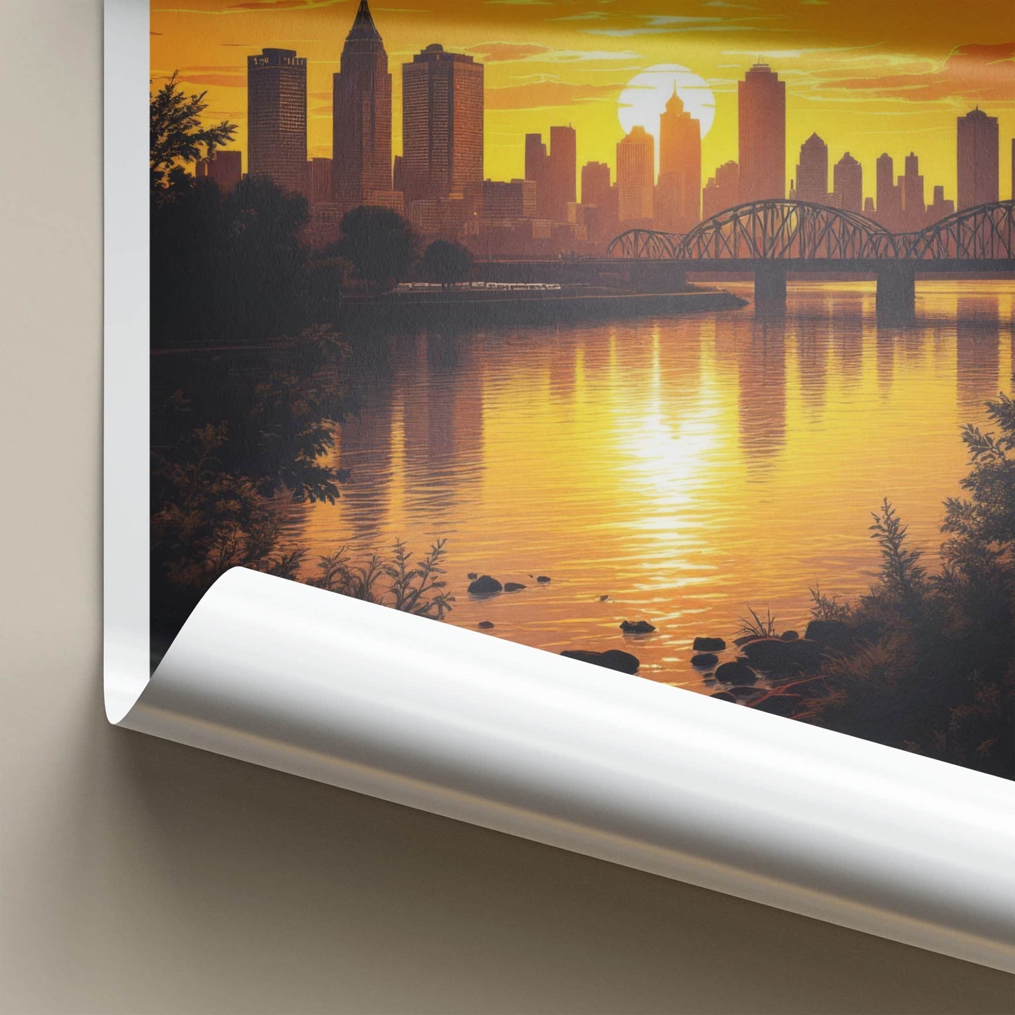 Detroit Poster - Michigan Travel Print - Golden City Sunset Wall Decor