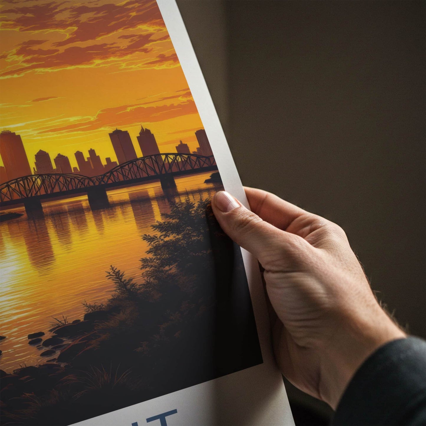 Detroit Poster - Michigan Travel Print - Golden City Sunset Wall Decor