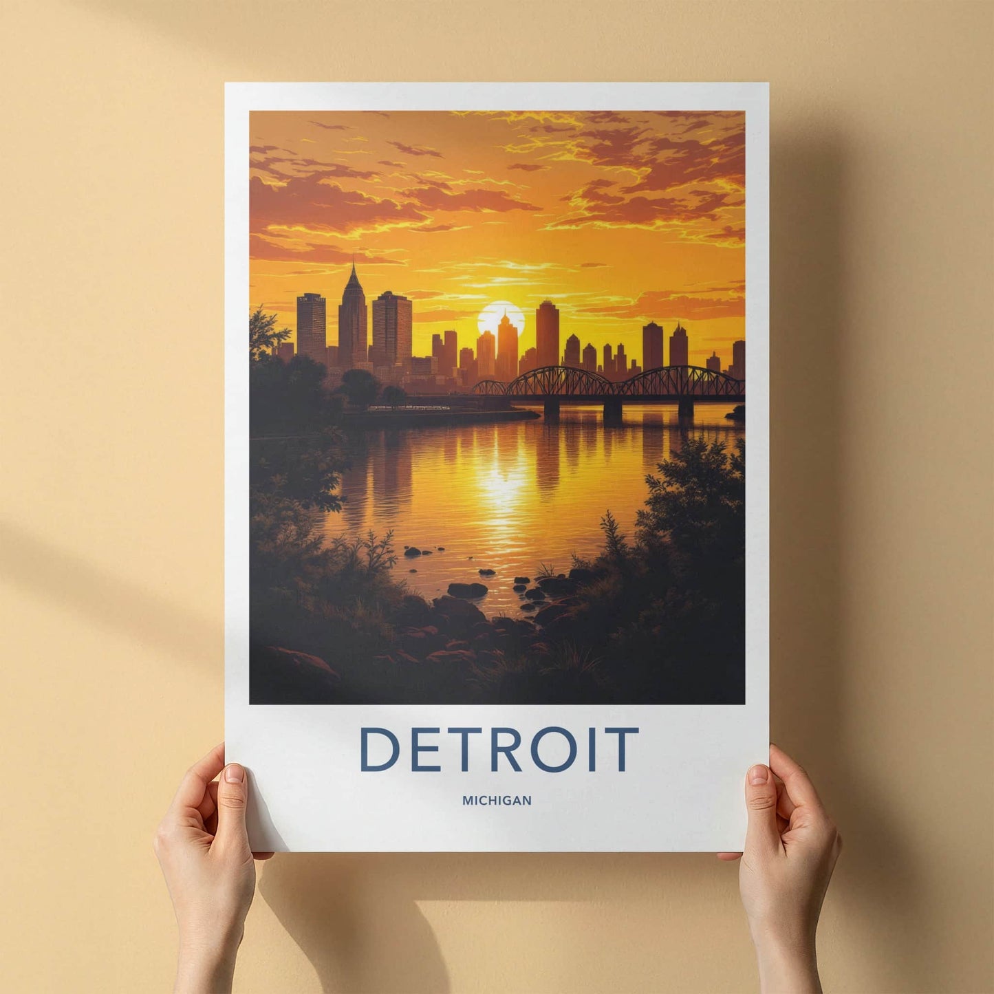 Detroit Poster - Michigan Travel Print - Golden City Sunset Wall Decor