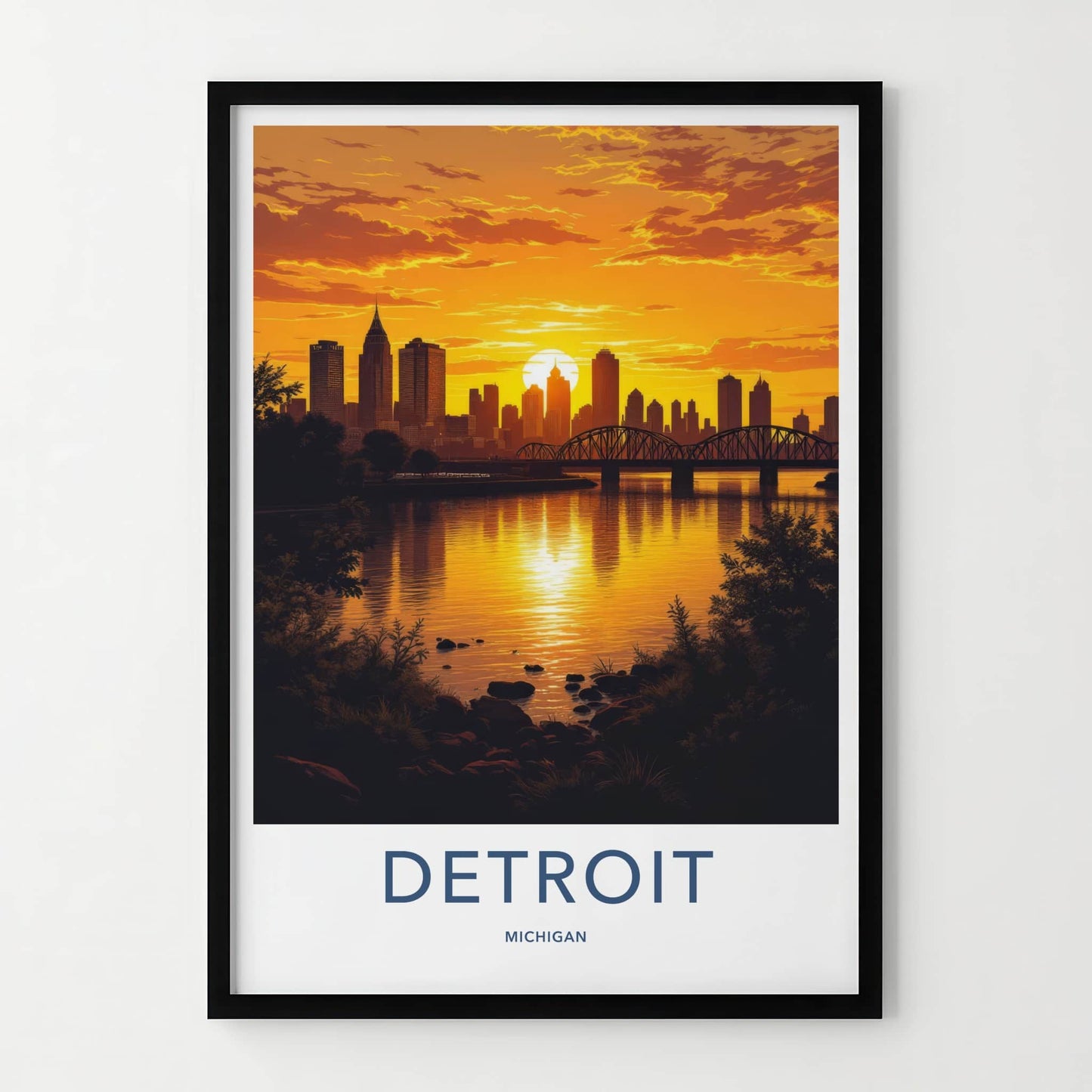 Detroit Poster - Michigan Travel Print - Golden City Sunset Wall Decor