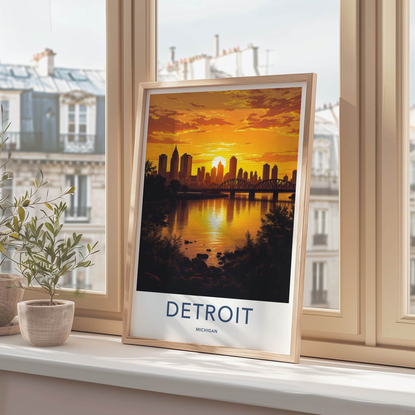 Detroit Poster - Michigan Travel Print - Golden City Sunset Wall Decor
