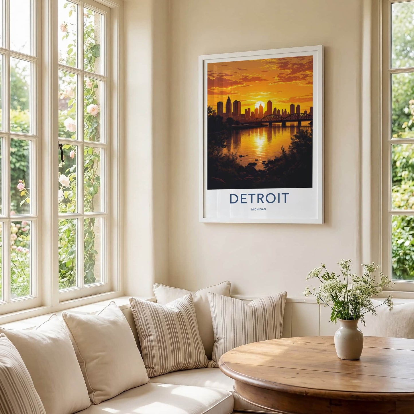 Detroit Poster - Michigan Travel Print - Golden City Sunset Wall Decor