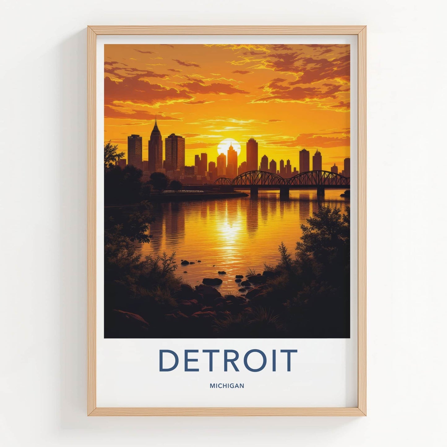 Detroit Poster - Michigan Travel Print - Golden City Sunset Wall Decor