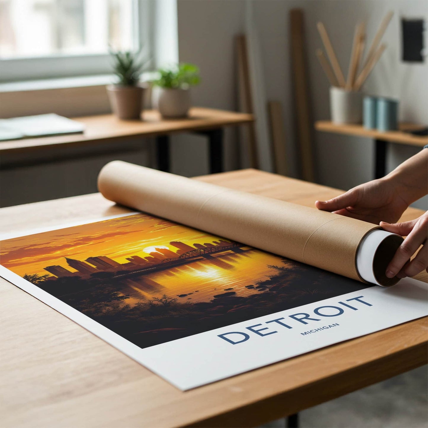 Detroit Poster - Michigan Travel Print - Golden City Sunset Wall Decor